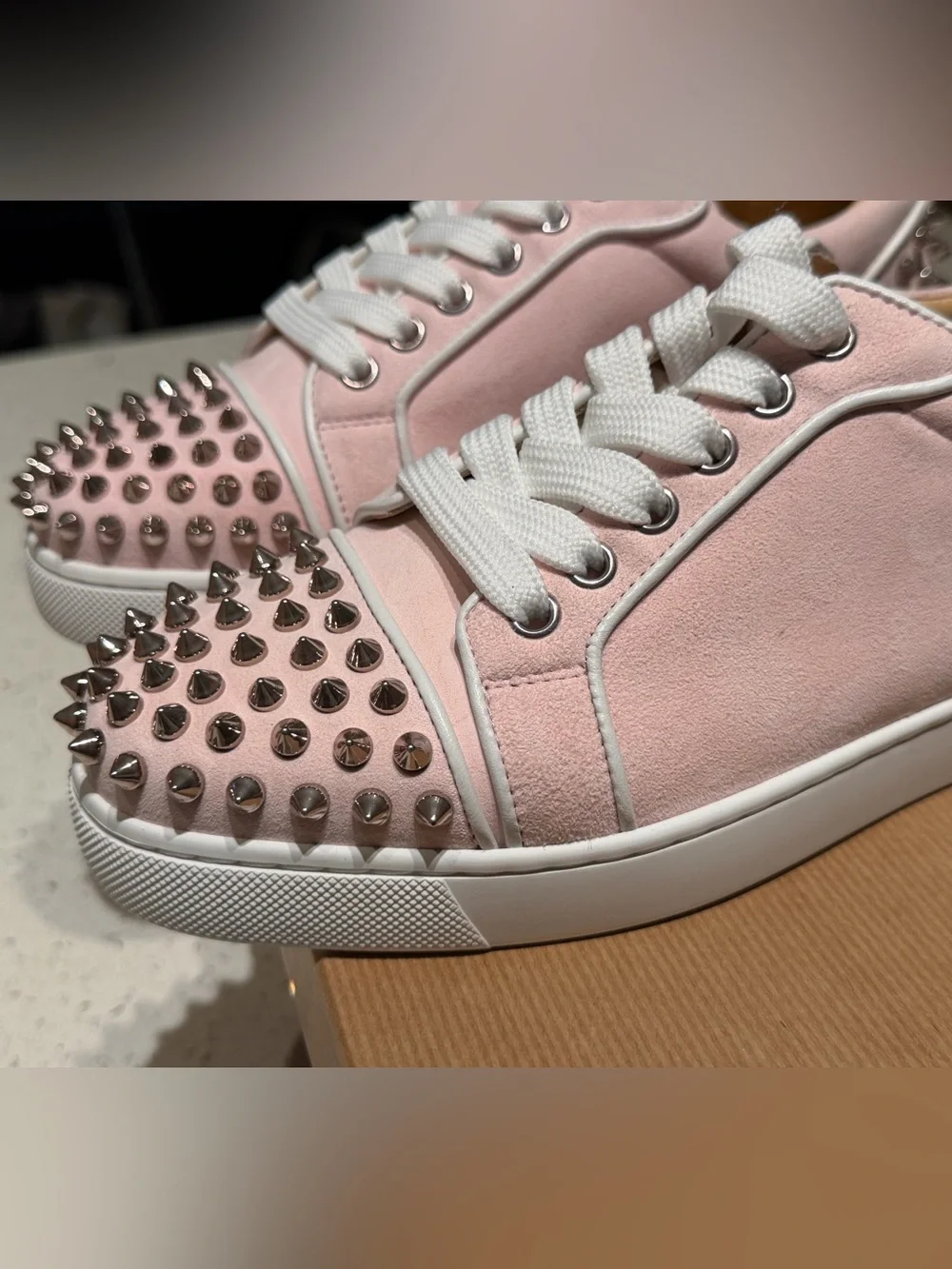 Christian Louboutin pink Suede Studded Lace-Up Sneakers - Picture 5 of 10